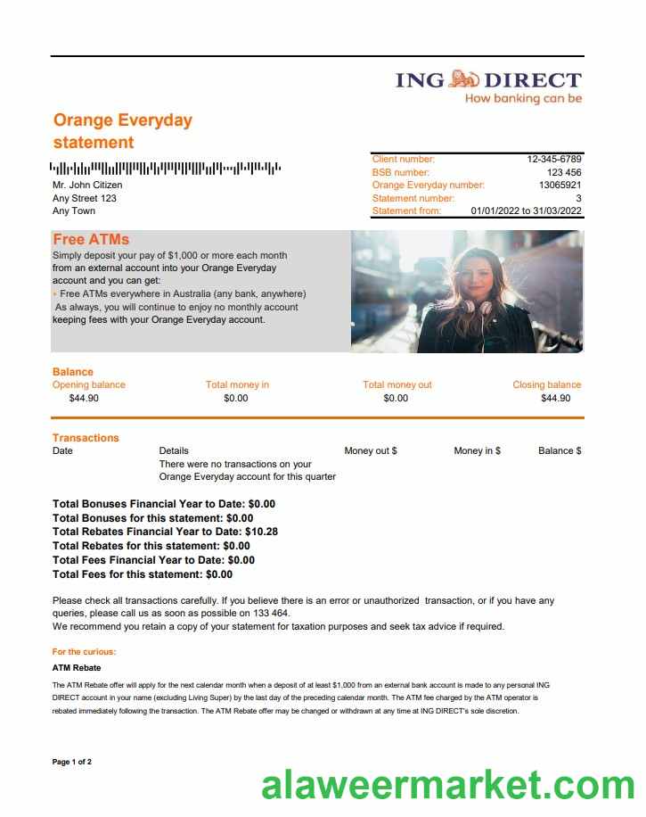 Australia ING Direct bank statement 2 pages xls